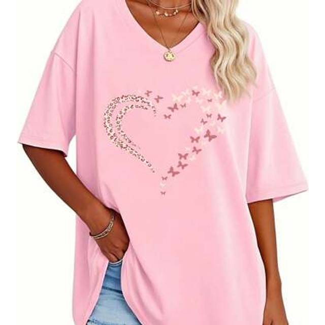 Luneh Popular Spring And Summer Women&#39;S V-Neck Short-Sleeve Loose Heart T-Shirt Top From Europe And America.
