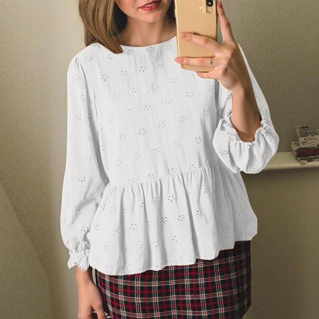 (4XL, white) Zanzea Women Vintage Round Neck Long Sleeve Lace Print Blouses