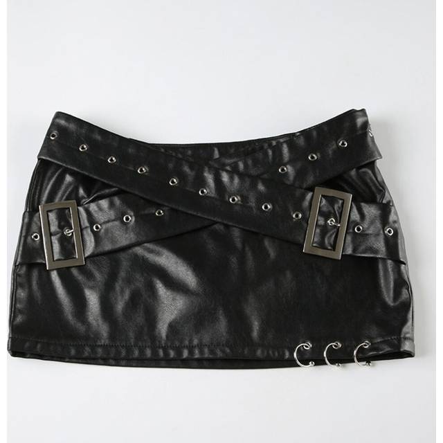 (23729, M) Fashionable Street Slit Stud Leather Skirt Adjustable Belt Cool Hot Girl Zipper Pleated Skirt Short Skirt