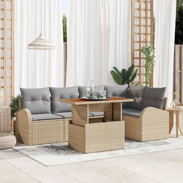 6-delat trädgårdsmöbelset med kuddar beige polyrotting akacia