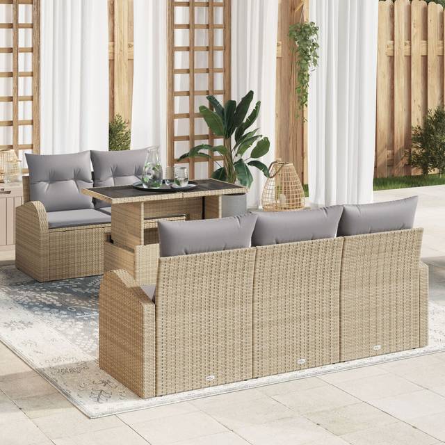6-delat Trädgårdsoff Set med Kuddar Beige Poly Rattan