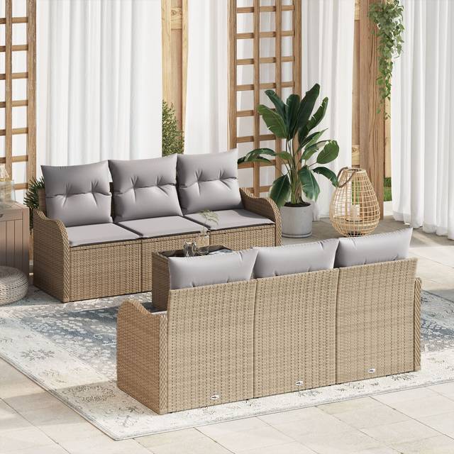 7-delat trädgårdsoffaset med kuddar beige poly rattan