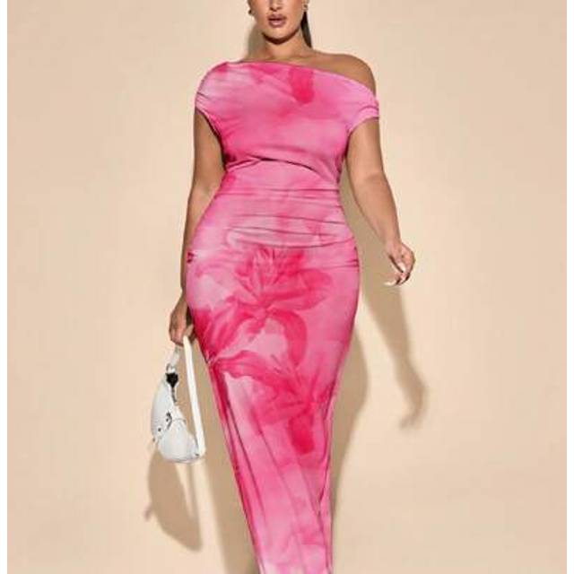 SHEIN Casual Elegant Floral Print Asymmetric Shoulder Plus Size Dress, Suitable For Summer Holiday,Birthday Dresses For Women