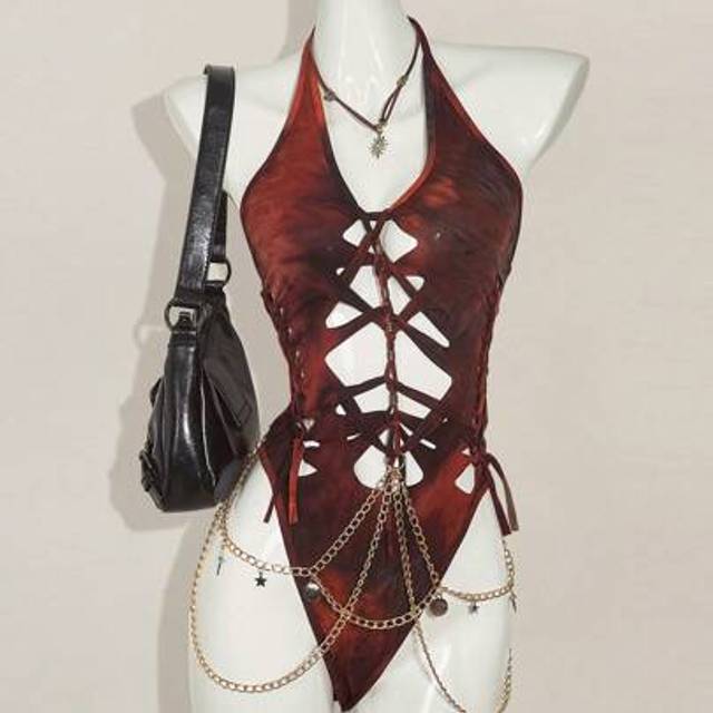 SHEIN Coachella Beaded Summer Outfits For Women Boho Vacation  Country Concert Outfit  Tie-Dye Cross-Back Halter Neck Woven Chain Decor Bodysuit