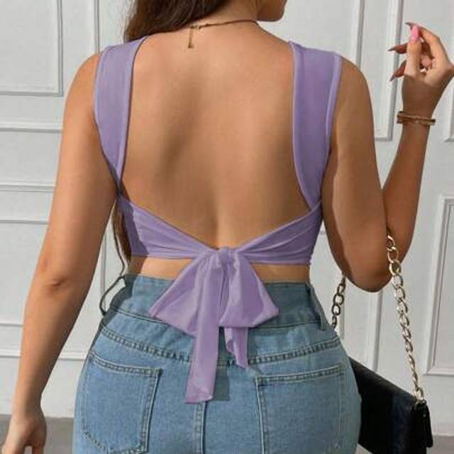 Franclia Plus Size Summer Sexy Solid Color Lace-Up Backless Cropped Camisole Top