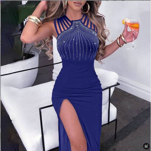 (Blue, 3XL) Women's Temperament Hot Diamond Slit Hip-packing Dress Nightclub Dinner Dress