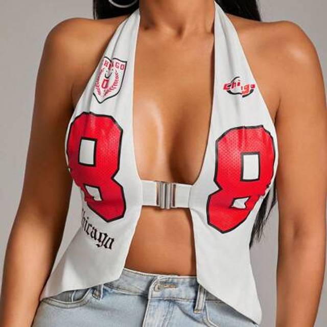 SHEIN Women&#39;s Fashion Letter & Digit Print Backless Halter Tank Top,Going Out Tops ,Sexy Tops,Tops Women,Summer Tops,Tank Tops Women,Crop Tops Women,Going O