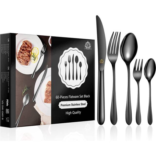 vancasso Cutlery Set for 12 People, Mirroir Polished Black Cutlery Set, 18/10 Glossy Silverware Flatware Set with 12*(Forks/Spoons/Knives/Dessert Fork