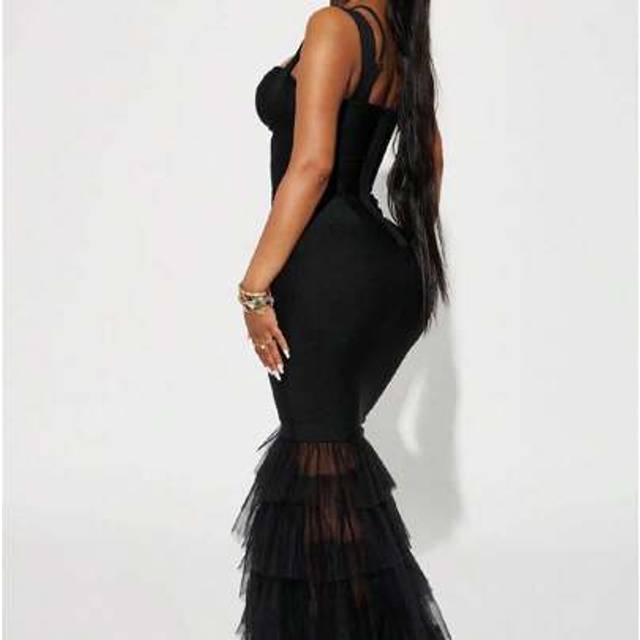 SHEIN Women&#39;s Elegant Black Spaghetti Strap Ruffle Mesh Patchwork Fitted Party Bodycon Dress, Wedding Guest Dress, Formal Dress, Evening Dress,Prom Dress