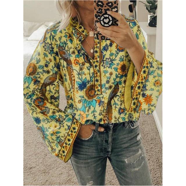 (yellow, XXL) Spring Autumn New Women's Fashion Printed Shirt Button Long Sleeve Stand Up Collar Casual Comfortable Loose Shirt