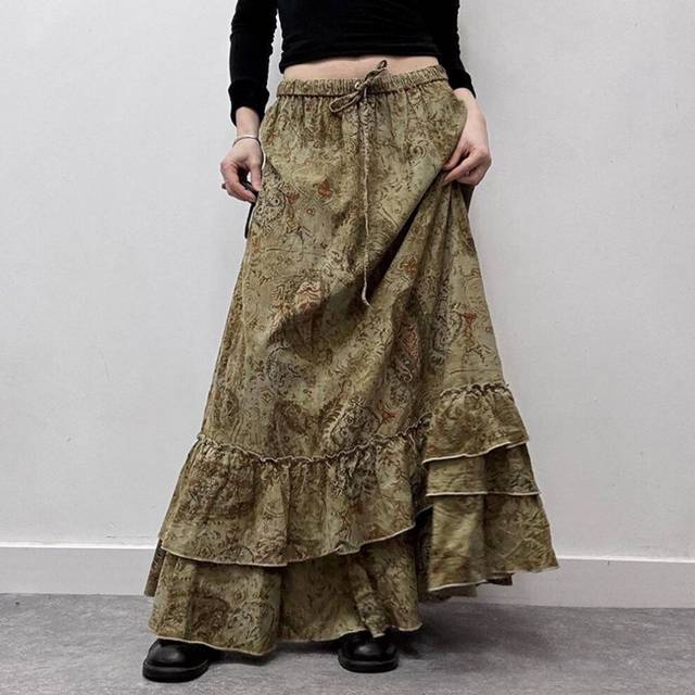 (29002 Skirt, M) Green Field Mist Retro Lace Skirt For Women With Vintage Forest Niche Draped Zipper Design A-line Long Skirt Summer