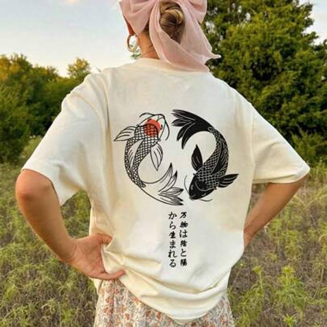 SHEIN Women&#39;s Casual Koi Fish Printed Round Neck Short Sleeve T-Shirt, Fashionable & Versatile Blouse