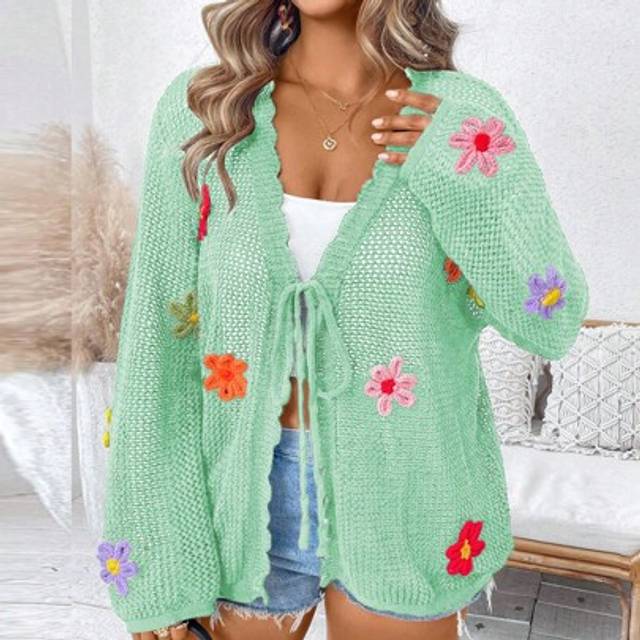 SHEIN Plus Size Women Solid Knit V-Neck Hollow Flower Decor Long Sleeve Casual Elegant Cardigan, Spring/Summer Lightweight Shawl