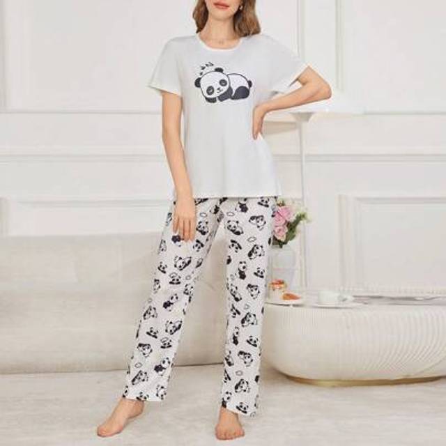 SHEIN Women Cute Panda Print Short Sleeve Pajama Set, Top & Pants