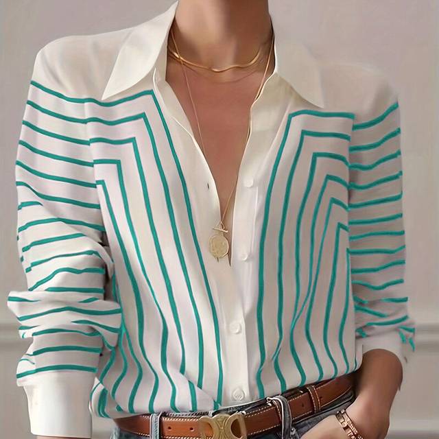 (B25SHH245614215, 2XL) Spring Summer Women's Oversized Shirt Blouse-Black & White Linear Print Button Down Tops,Casual street style Stretch Blouse