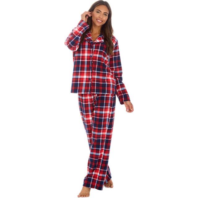 (Red, X-Large) Womens Button Up 2 Piece Pyjama Set Tartan Check Warm Cosy Microfleece Full Length Pyjamas S-Xl