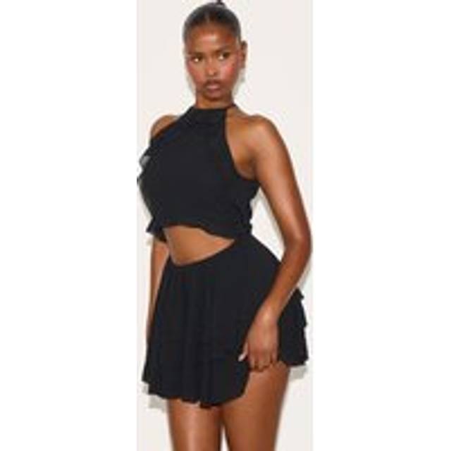 Black Halterneck Frill Cut Out Shift Dress, Black - 4