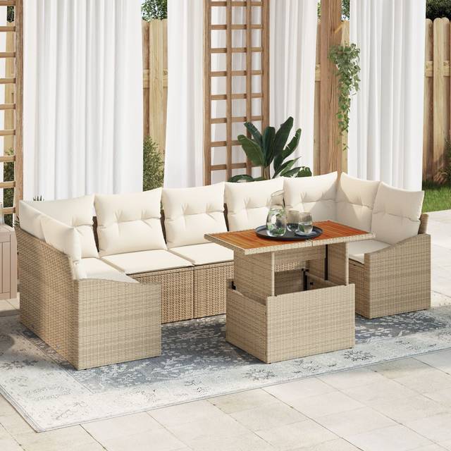 8-delat trädgårdsmöbelset med kuddar beige poly rattan akacia