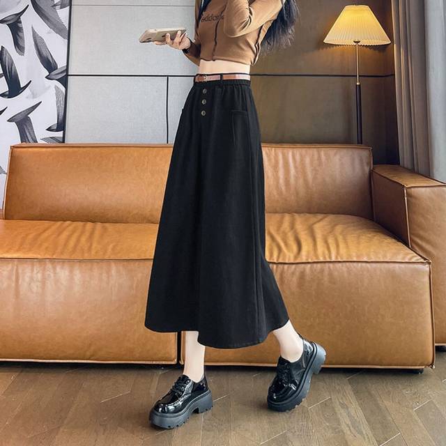 (Black, S) Black Skirt For Women In Spring And Autumn High Waist Slit Temperament Skirt Draped And Slim Mid-length Work Skirt