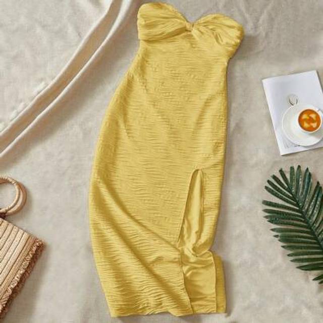 SHEIN Casual Solid Color Knit Fitted Slit Women&#39;s Dress,Tea Party Dress,Summer Dresses For Women,Butter Yellow