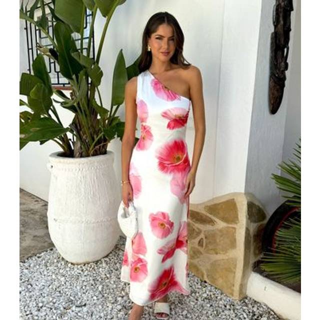 Cream And Pink Floral Print One Shoulder Open Back Twist Detail Midi Dress - 16