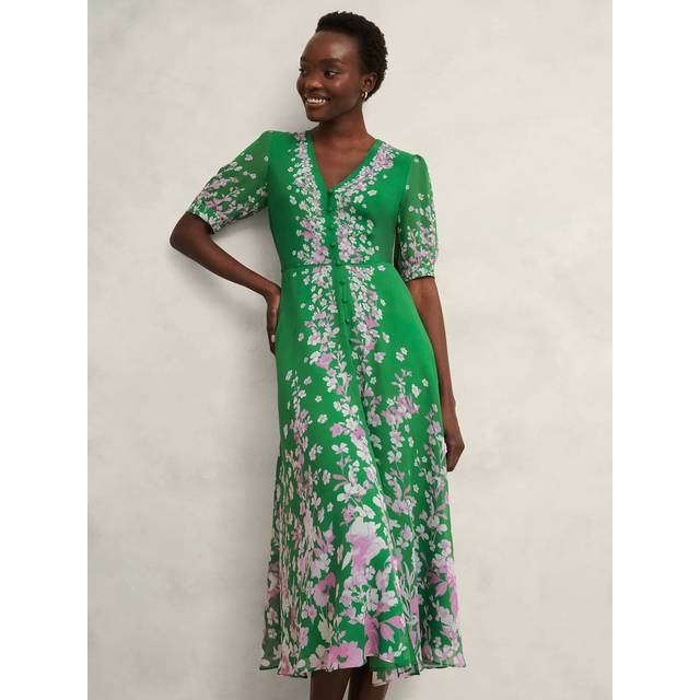Hobbs Ana Floral Pure Silk Dress, Green/Pink