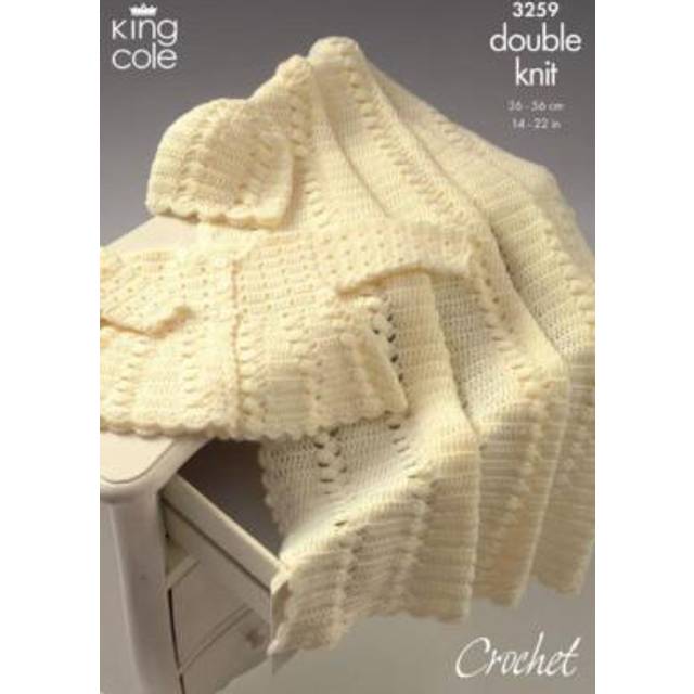 King cole crochet pattern 3259 coat shawl & hat crocheted in comfort dkfort dk