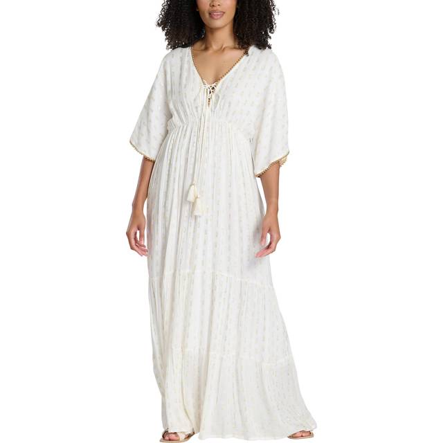 South Beach Metallic Jacquard Spot Tiered Maxi Dress, Cream
