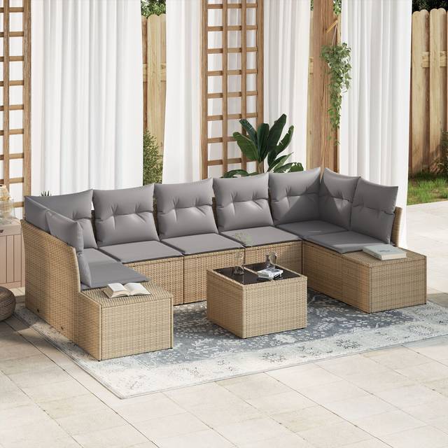 8-delat trädgårdsoffaset med kuddar beige poly rotting