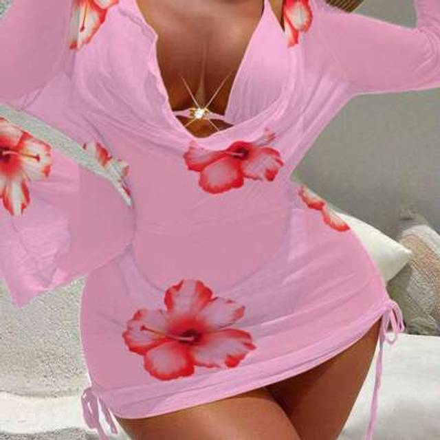 Sexigt 3-delat set i plusstorlek: Baddräktstopp med snörning, strandsarong med tryck och pärlprydda underdelar, för vår-/sommarsemester och kryssninga - Rosa (0XL,1XL,2XL,3XL,4XL)