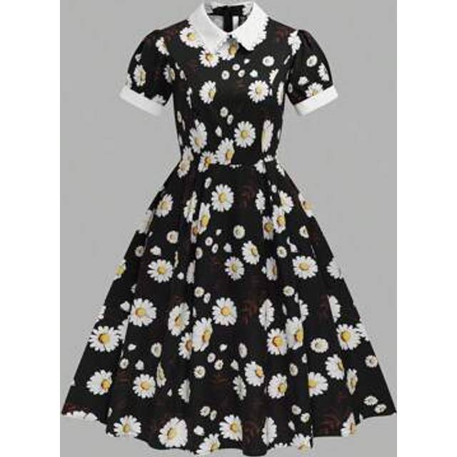 Plus size dam Peter Pan krage rund hals slimmande Elegant blommönster medellång svart casual kortärmad klänning - Multifärgad (0XL,1XL,2XL,3XL,4XL)
