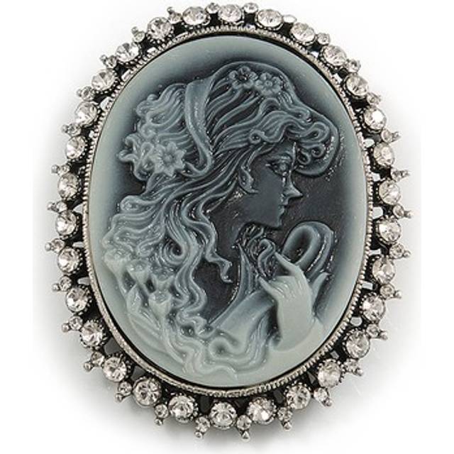 Vintage inspired clear crystal grey cameo brooch in antique silver tone - 55mm l