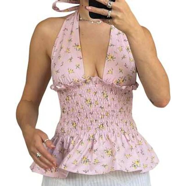 SHEIN Women Tank Tops Floral Print/Swiss Dot Tie-Up Halter Neck Vests Summer Sleeveless Backless Tops Streetwear