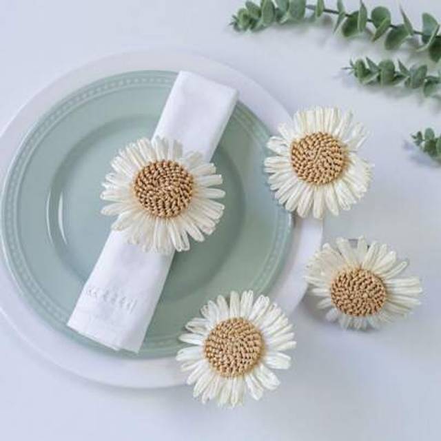 SHEIN 5pcs Hand Woven Sunflower Napkin Rings, White Daisy Napkin Rings, Grass Napkin Rings, Suitable For Dining Tables, Weddings, Family Gatherings, Parties