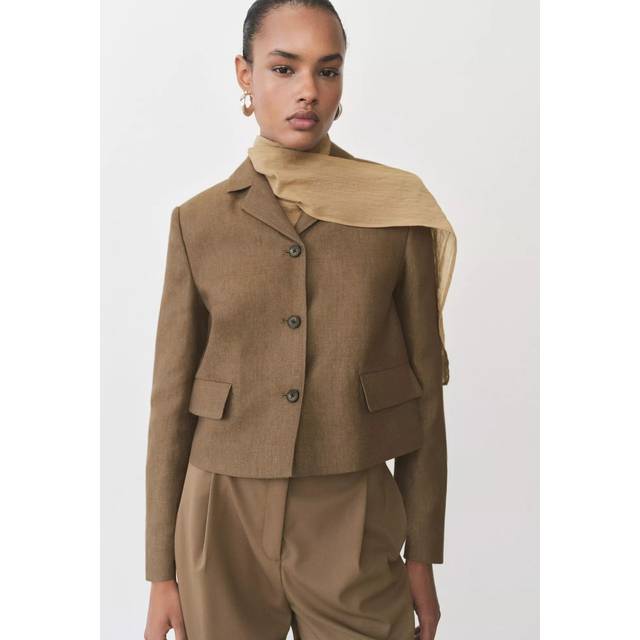 Mango Puglia Linen Blend Cropped Blazer, Dark Brown