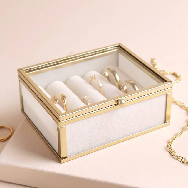 Mini Glass Jewellery Box in Gold - beige/gold - small