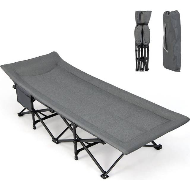Fällbar campingsäng med sidficka, tältsäng, lastkapacitet upp till 200 kg, gästsäng, grå