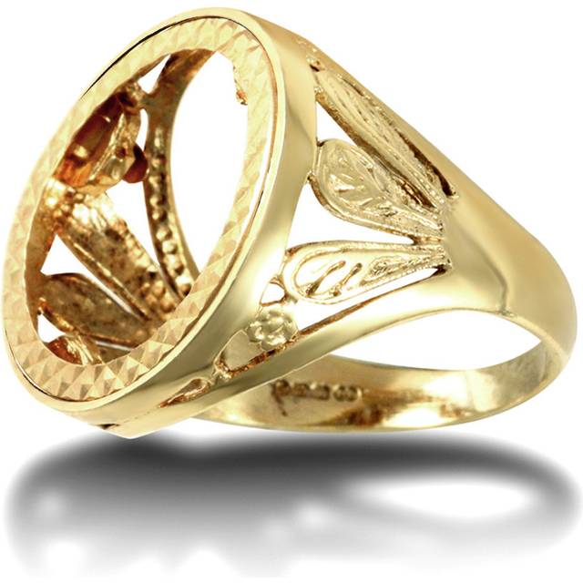 (L) Jewelco London Men's Solid 9ct Yellow Gold Welsh Feather Half Sovereign Mount Ring - JRN174-H
