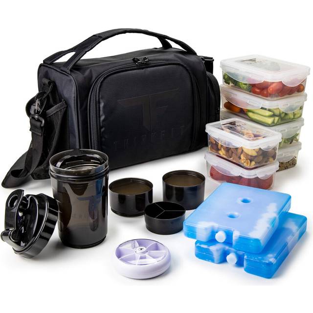 ThinkFit Insulated Meal Prep Lunch Box with 6 BPA-Free, Reusable, Microwavable, Freezer Safe Food Portion-Control Containers, Shaker Cup, Pill