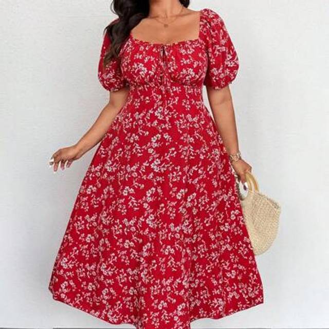 SHEIN Plus Size Short Sleeve Floral Printed Split Romantic Holiday Dress Summer Maxi Women Outfit