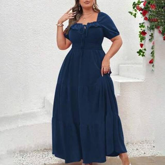 SHEIN Plus Size Valentine&#39;s Day V-Neck Ruffled Trim Tied Waist Sleeveless Mini Dress