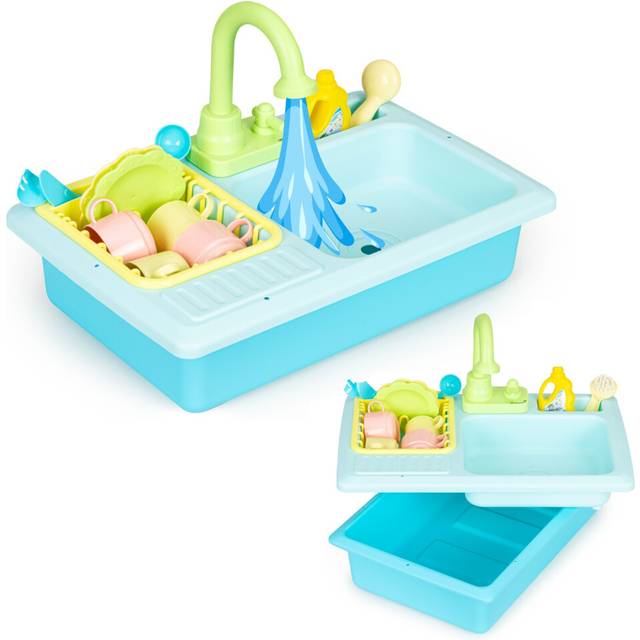 Kitchen sink with tap filled with water, 12 accessories, children's toy