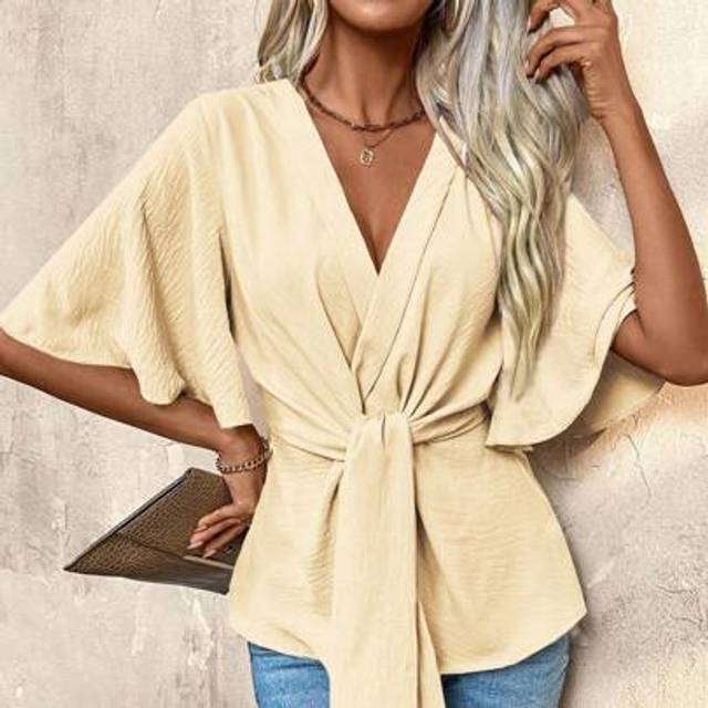 SHEIN Solid Color Crossed Wrap Tie Waist Elegant Short Sleeve Blouse