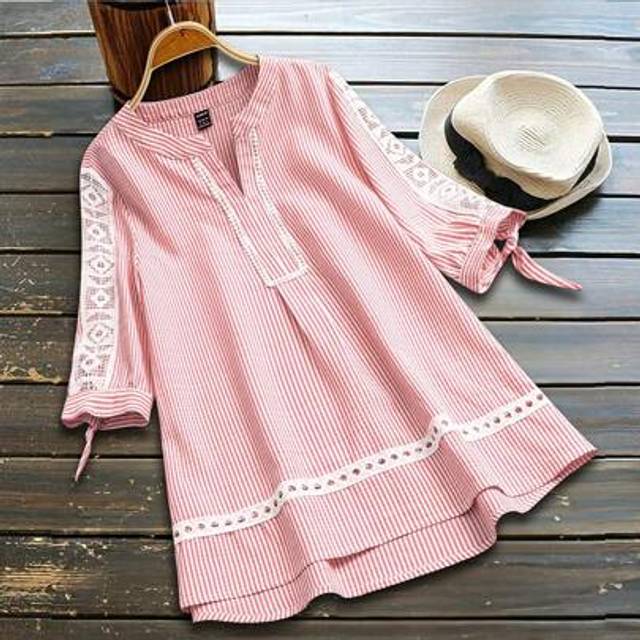 Vacation Casual Randig Kontrast Spets Cutout Hals Blus - Röd (L,M,S,XL)