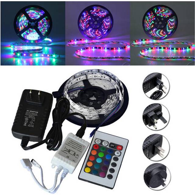 (US Plug) 5M SMD 3528 300 Waterproof LED RGB Strip Flexible Light 24 key IR remote + Power Adapter DC12V