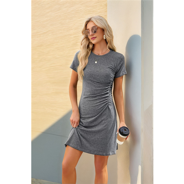 Round Neck Short Sleeve Dress Gray M