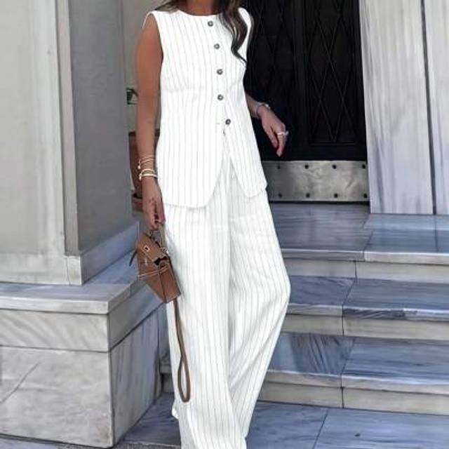 SHEIN Women Striped Single-Breasted Sleeveless Shirt And Pant Casual 2 Pieces Set