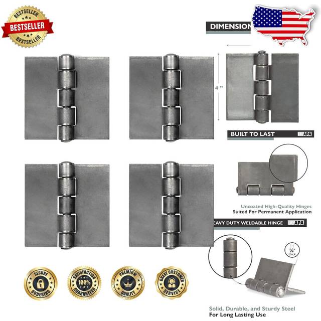 Ilyapa Pack of 4 Heavy Duty 4x4 Weldable Butt Hinges for Heavy Gate - Weld to Install  Weld On Hinges for Farm/Garage Gate  Door Trailer  & More Stain