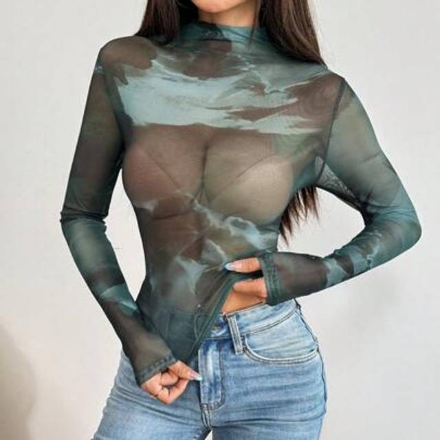 Rafferiza Women&#39;s Tie Dye Print Stand Collar Long Sleeve Sheer Mesh Sexy Blouse