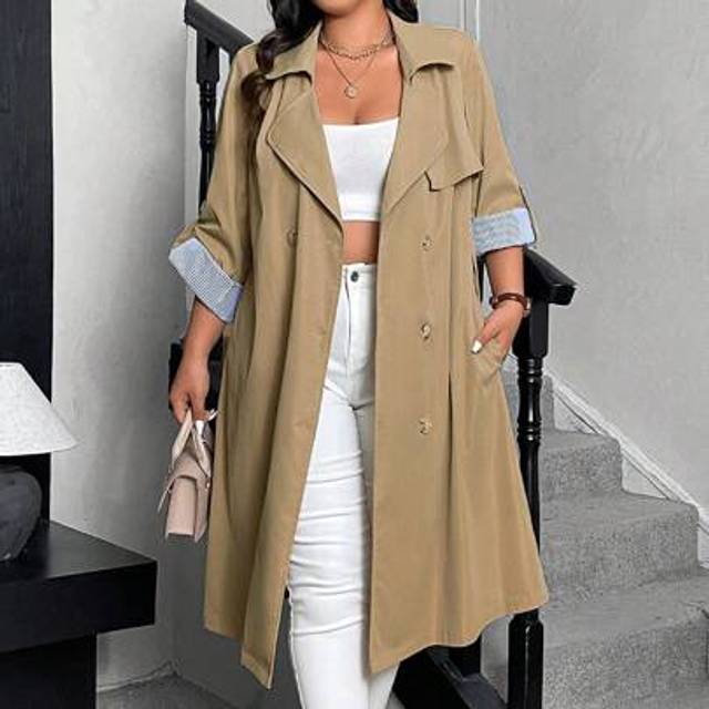 Calvaya Plus Size Lapel Belted Sleeve Striped Patchwork Casual Midi Trench Coat